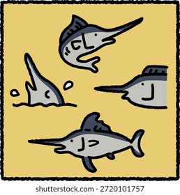 Cute hand-drawn swordfish illustration set featuring rounded swordfish characters with long pointed bills in simple cartoon style. Thick outlines and flat colors make this artwork perfect for stickers, kids illustrations, ocean themes, and marine animal character designs.