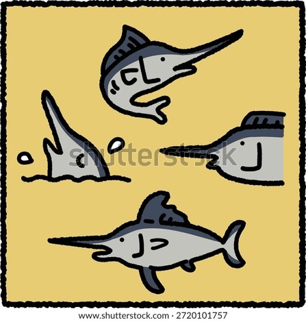 Cute hand-drawn swordfish illustration set featuring rounded swordfish characters with long pointed bills in simple cartoon style. Thick outlines and flat colors make this artwork perfect for stickers, kids illustrations, ocean themes, and marine animal character designs.