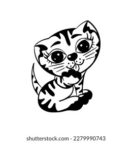 A cute hand-drawn tabby kitten licking its paw, a cat cleaning itself, a striped kitten icon, a sweet little cat with big eyes, black and white illustration