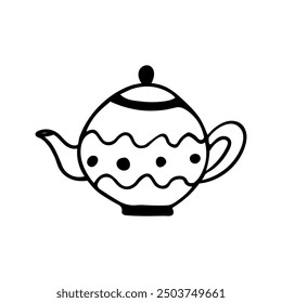 A cute hand-drawn tea pot, a black and white tea pot icon, a pastry doodle