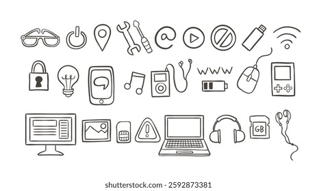 Cute hand-drawn Technology Doodle Icons, perfect for blogs, social media, prints and crafting projects. A total of 26 icon designs. Vector illustration.