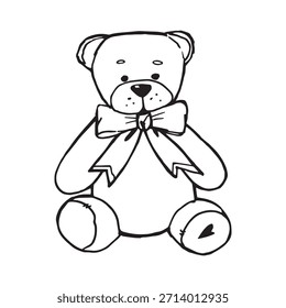 Cute hand-drawn teddy bear with big bow and heart on paw. Whimsical ink sketch illustration perfect for nursery decor, kids designs, greeting cards, stickers, gifts, and cozy branding