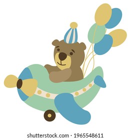 Cute hand-drawn teddy bear flies on a plane with balloons. Boho style. Vector illustration. White background, isolate.