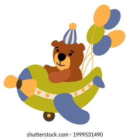 Cute hand-drawn teddy bear flies on a plane with balloons. Boho style. Vector illustration. White background, isolate.