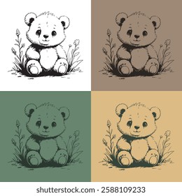 A cute hand-drawn teddy bear sketch with soft and playful details. Perfect for children's illustrations, stickers, mascots, greeting cards, and toy designs.