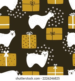 Cute hand-drawn teddy bears with gift boxes and abstract decor. Seamless vector winter pattern. Print for the celebration of New Year holidays and Christmas