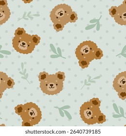 Cute hand-drawn teddy bears on a pastel mint green forest color with polka dot texture, seamless pattern background.