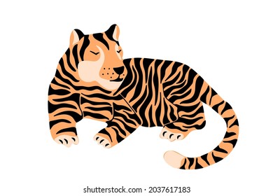 Cute hand-drawn tiger isolated on white background. Symbol of 2022. Wild animal. Vector illustration.