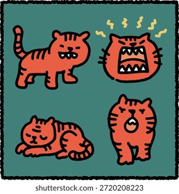 Lindo conjunto de pegatinas de tigre dibujado a mano con cuatro tigres naranjas en diferentes poses, como de pie, cara enojada, durmiendo y rugiendo, sobre un fondo verde.