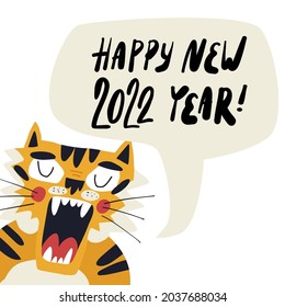 Cute hand-drawn tiger, the symbol of 2022 year, screams Happy New Year. Greeting card, banner design with hand lettering. Cartoon vector isolated illustration.