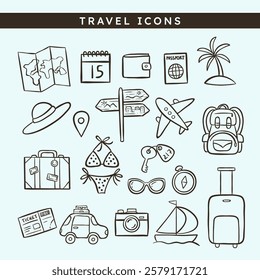 Cute hand-drawn Travel and Holidays Doodle Icons, perfect for sticker designs, prints and crafting projects. A total of 21 icon designs. Vector illustration.