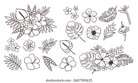 Cute hand-drawn tropical flowers and composition doodle set, perfect for decorating surfaces, prints and crafting projects. A total of 22 items. Vector illustration.