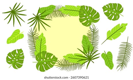 Cute hand-drawn tropical frame and isolated leaves, perfect for sticker design, decorating surfaces, prints and crafting projects. A total of 8 items. Vector illustration.