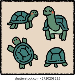 Cute hand-drawn turtle illustration set featuring four friendly turtles in different poses and views. Perfect for kids design, education materials, nature themes, and playful animal illustrations.