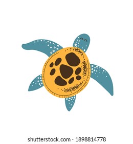 Cute hand-drawn turtle solated on a white background. Vector Illustration for poster, fabric, print, textile, wrappert. Sea. Ocean