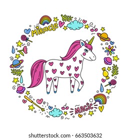 Cute handdrawn unicorn. Unicorn and magic stuff. Miracle and magic creature. Vector illustration.