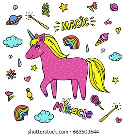 Cute handdrawn unicorn. Pink unicorn and magic stuff. Miracle and magic creature. Vector illustration.