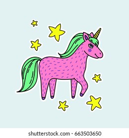 Cute handdrawn unicorn. Pink unicorn with stars. Vector illustration perfect for stickers and badges.