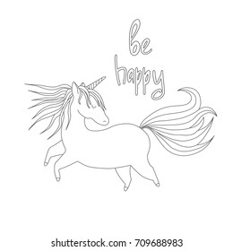 Cute handdrawn unicorn vector illustration.  Antistress coloring book. Hand drawn elements for your designs dress, poster, card, t-shirt.