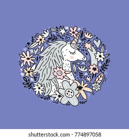 Cute handdrawn unicorn vector illustration. Magic creature.