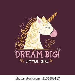 Cute Hand-drawn Unicorn Vector Logo With Dream Big Lettering On Purple Background