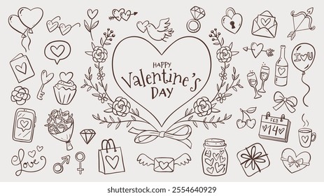 Cute hand-drawn Valentine Day doodle items, perfect for decorating gift cards, prints and crafting projects. A total of 35 isolated items. Vector illustration