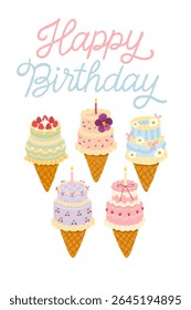 Cartão de aniversário vetor desenhado à mão bonito com bolos mini pastel em cones de waffle e letra de feliz aniversário manuscrita. Estilo coreano moderno bento bolo, perfeito para saudações, printables e embalagem