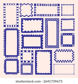 Cute hand-drawn vector frames and stamps in doodle, scribble, and block print style. Grungy geometric shapes with retro beach vibes. Perfect for postcards, posters, prints, and decoration.