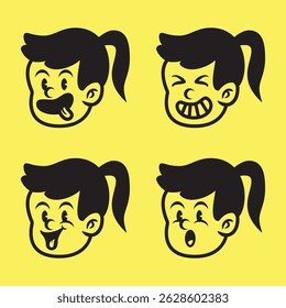Cute hand-drawn vector of a girl with ponytail showing funny and expressive cartoon faces. Great for apparel, stickers, and playful design elements