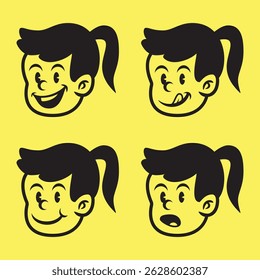 Cute hand-drawn vector of a girl with ponytail showing funny and expressive cartoon faces. Great for apparel, stickers, and playful design elements