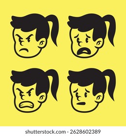 Cute hand-drawn vector of a girl with ponytail showing funny and expressive cartoon faces. Great for apparel, stickers, and playful design elements