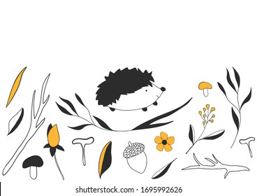 A cute hand-drawn vector hedgehog with branches, mushrooms and flowers on white background. Sketch illustration in white, black and yellow colours.