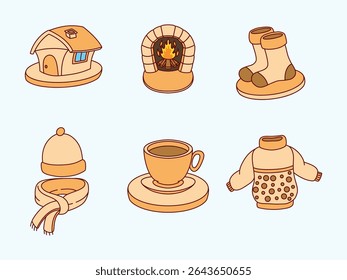 Cute hand-drawn vector icons of winter essentials including house, fireplace, socks, hat, scarf, sweater, and hot drink. Perfect for seasonal designs and holiday projects.