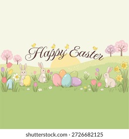Um bonito banner desenhado à mão para ilustração vetorial para "Happy Easter", com coelhinhos de desenho animado, ovos coloridos, flores de primavera como tulipas e narcisos, e pequenos filhotes em uma paisagem de prado ensolarada.