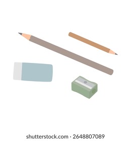Cute hand-drawn vector illustration of basic stationery items including a pencil sharpener, eraser, and two pencils. Perfect for school, education, or creative design projects.