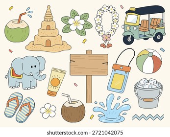 Una linda Ilustración vectorial dibujada a mano para el Festival Songkran de Tailandia. Cuenta con un tuk-tuk, elefante, pagoda de arena, guirnalda de jazmín, cubo de agua con hielo, bolsa impermeable, coco y artículos de playa. Perfecto para el año Nuevo tailandés y temas de vacaciones de verano.