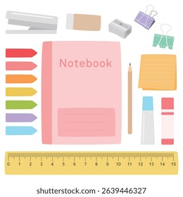 A cute hand-drawn vector illustration of stationery items including a notebook, stapler, eraser, pencil sharpener, binder clip, glue sticks, ruler, labels, sticky notes, and pencil.