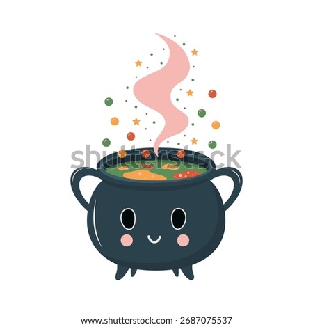 A cute, hand-drawn vector illustration of a witch's cauldron. The black pot features a happy, smiling face and is filled with a bubbling green potion, emitting pink steam, colorful stars