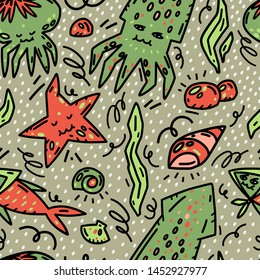 Cute handdrawn vector seamless pattern with water creatures. Underwater life. Fish, octopus, squid, starfish, shell, scallop, seaweed.

