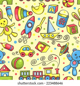 Cute hand-drawn vector seamless pattern with toys. Cartoon background.