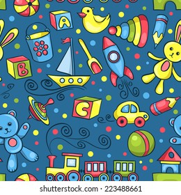 Cute hand-drawn vector seamless pattern with toys. Cartoon background.