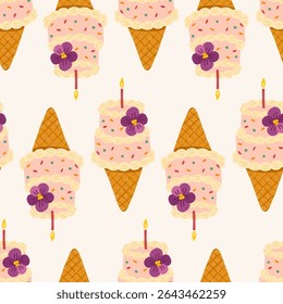 Cute hand-drawn vector seamless pattern of birthday mini cake ice cream cone with violets flower, candle and pastel frosting. Korean-inspired bento bakery trendy design