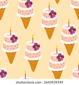 Cute hand-drawn vector seamless pattern of birthday mini cake ice cream cone with violets flower, candle and pastel frosting. Korean-inspired bento bakery trendy design