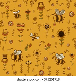 Cute hand-drawn vector seamless pattern with tender flowers, herbs and bees. Honey. 