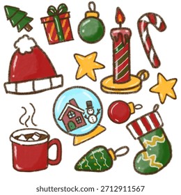 Un lindo conjunto de Vector dibujado a mano de Navidades acogedoras y artículos de vacaciones de invierno, incluyendo un globo de nieve, taza de cacao caliente, media, vela, adorno, regalo y sombrero de Santa. Ideal para proyectos de diseño festivo.