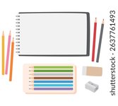 Cute hand-drawn vector of sketchbook, color pencils, eraser, and sharpener. Great for school, kids, or education-themed projects.