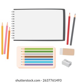 Cute hand-drawn vector of sketchbook, color pencils, eraser, and sharpener. Great for school, kids, or education-themed projects.