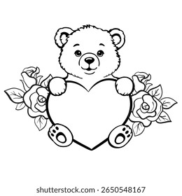 Cute hand-drawn vector of a teddy bear holding a heart surrounded by roses. Perfect for Valentine’s Day, baby shower greeting cards, coloring pages, romantic and love-themed designs
