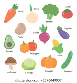 Cute Hand-Drawn Vegetable Illustration. A collection of fresh vegetables. harvests. Well-ripened, fresh organic food Vector illustration isolated on a white background 
