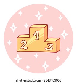 Cute hand-drawn victory podium in doodle cartoon style. Round composition in neutral candy colors. Kawaii element for card, social media banner, sticker, decoration kids playroom. Vector illustration.